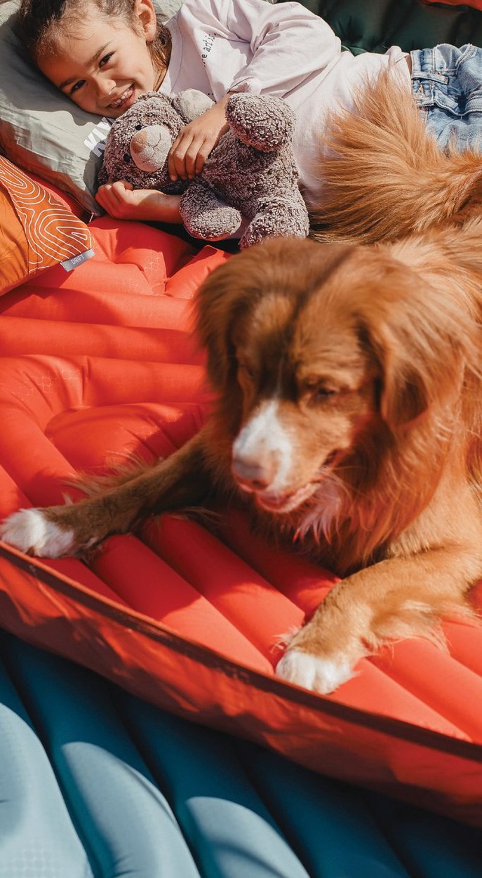 Child and dog in a tent